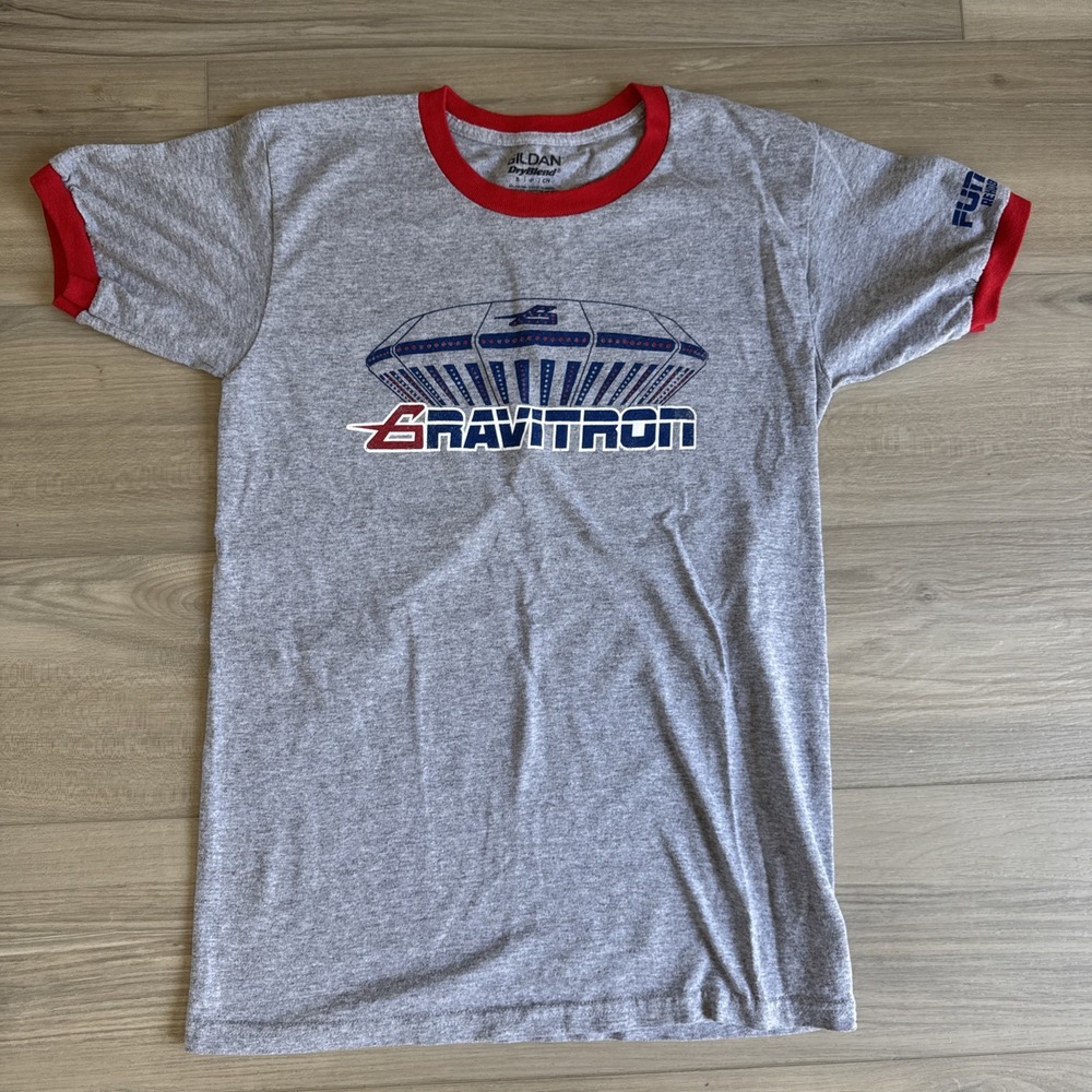 Gildan DryBlend Gravitron UFO ride Funland Ringer Shirt Gray And Red Small‎